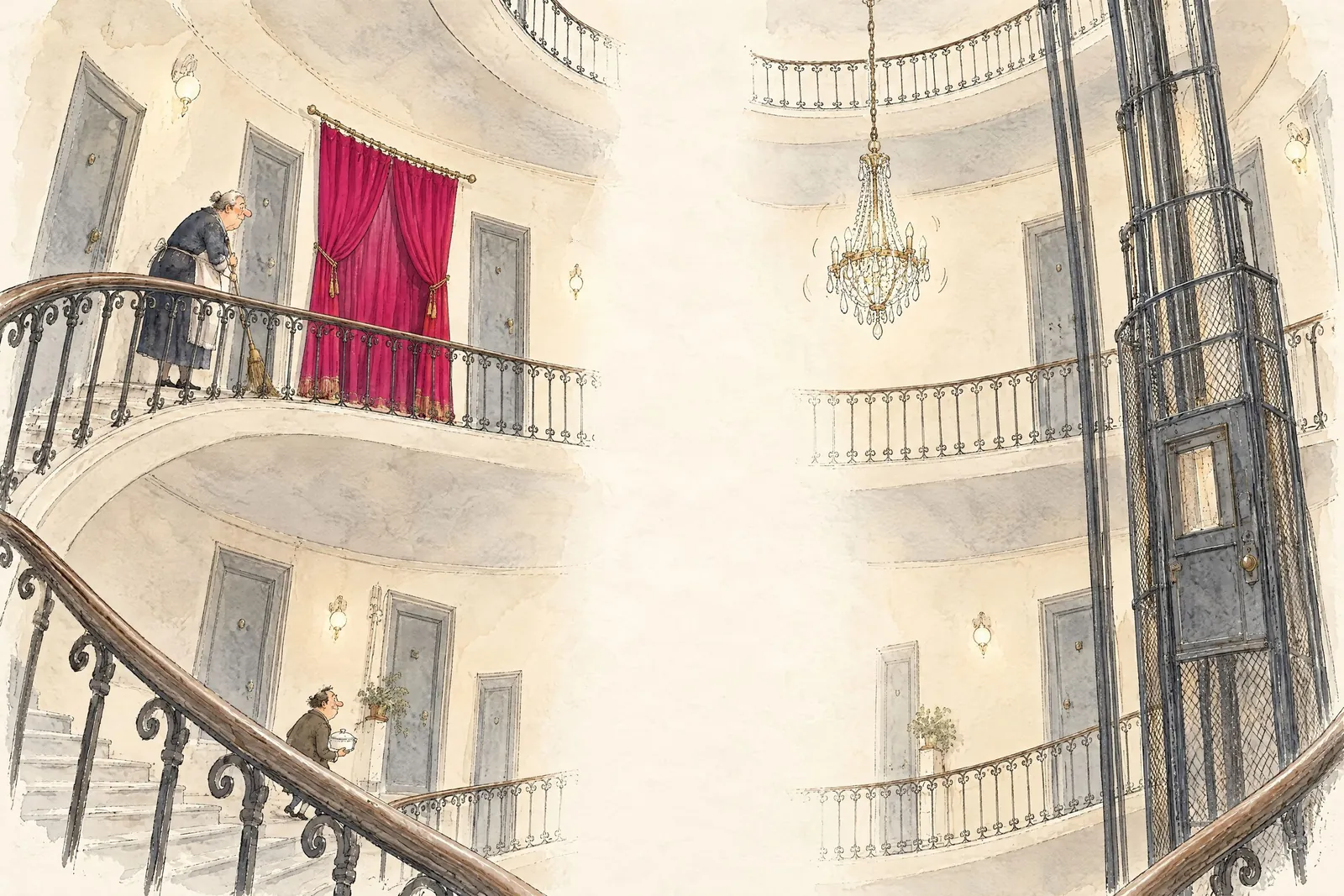 Casa scării văzută de jos: lift, balustrade, un locatar care urcă