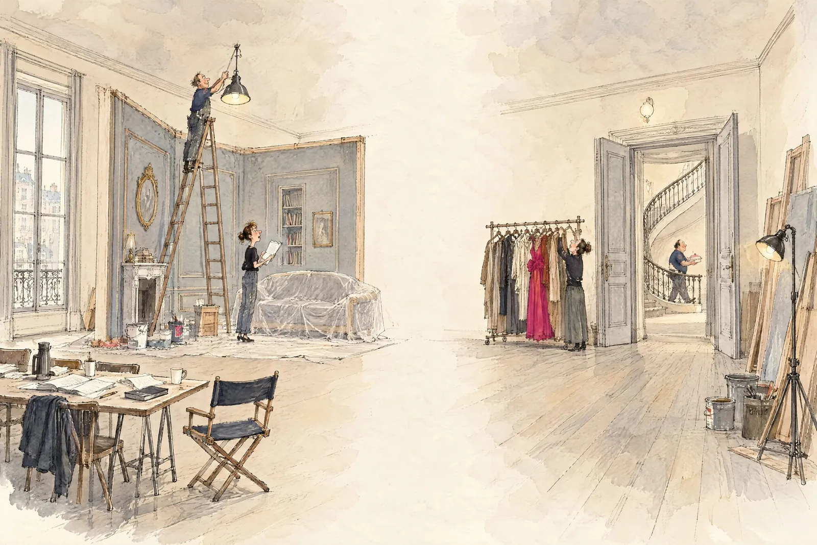 Atelierul: decorul în lucru, un scaun de regizor, costumele pe stender, cineva urcat pe scară
